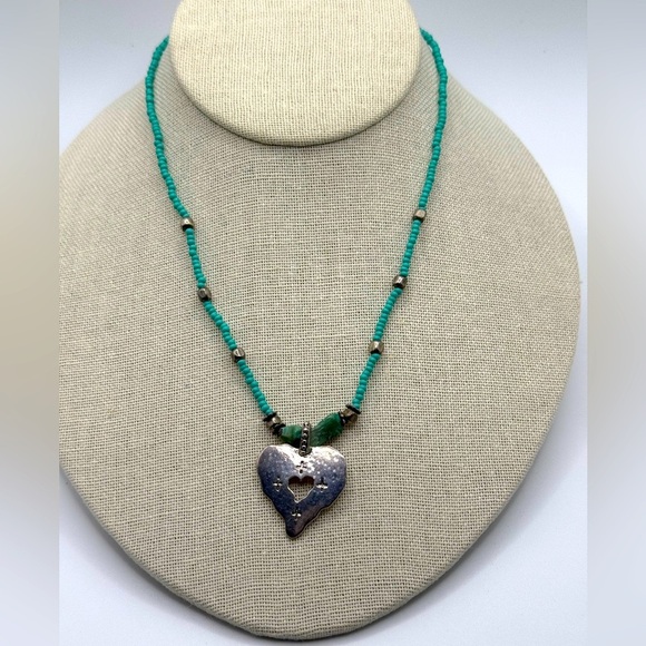 C Stein 15.5”-18” heart cross bead necklace Turquoise and Silver tone - Picture 1 of 7